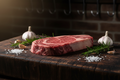 Fresh ribeye steak on a butcher block with rosemary and garlic